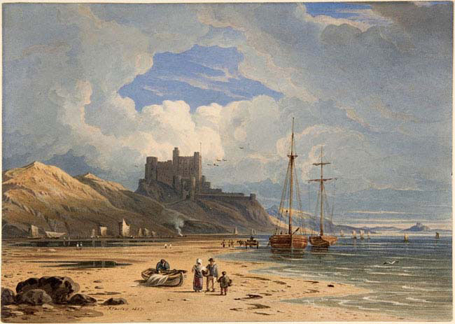 bamborough castle from the northeast with holy island in the distance northumberland